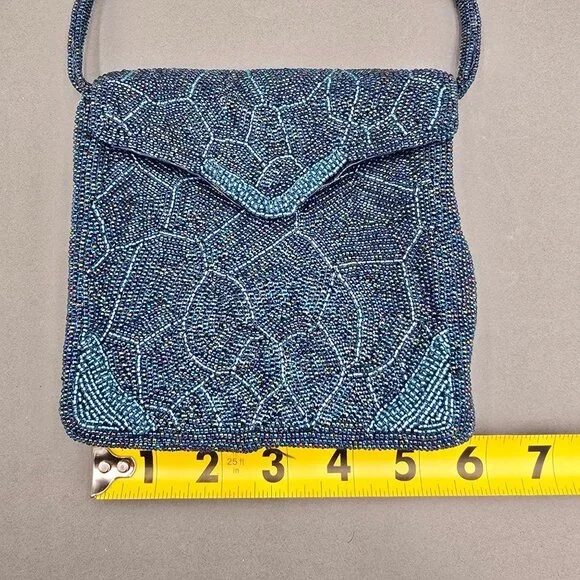 VTG Beaded Purse Made in Japan Blue Mosaic Iridescent Evening Bag Top Handle 60s - Picture 12 of 14